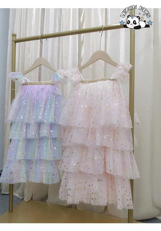 LEZONKIDS - Vestido sem mangas de sling de verão para meninas Crianças vestido de bolo impresso com estrelas em várias camadas Saia de penas da Princesa